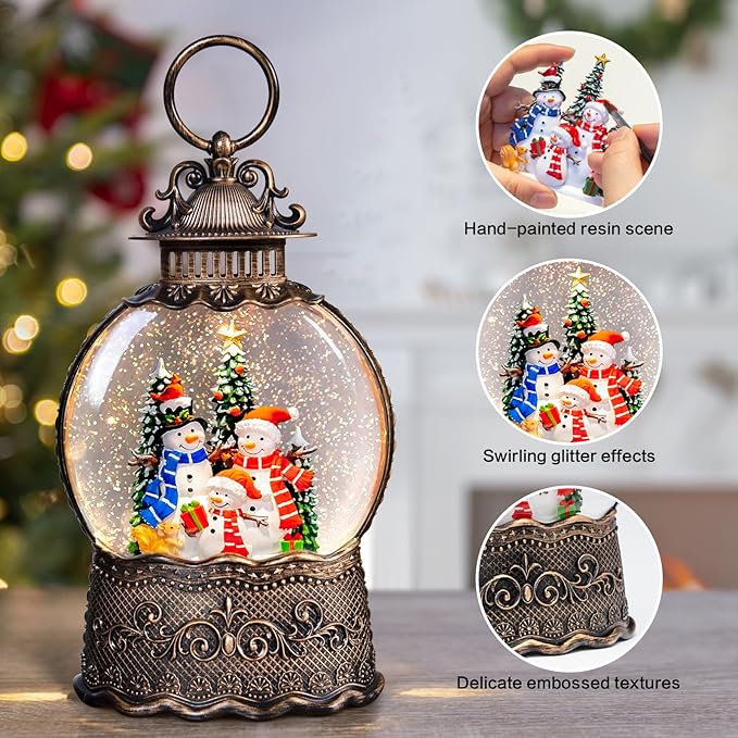 Christmas Snow Globes Lantern with Music, Snowman Snow Globes with Swirling Glitter Effects, USB/Battery Powered with 6-Hour Timer, Christmas Decorations