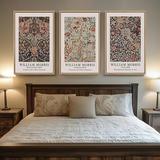 Framed Large William Morris Canvas Wall Art Set of 3, Vintage Floral Botanical Artwork Prints, Rustic Boho Farmhouse Aesthetic Decor for Living Room, Bedroom, Hallway or Office, 24x36 Inch