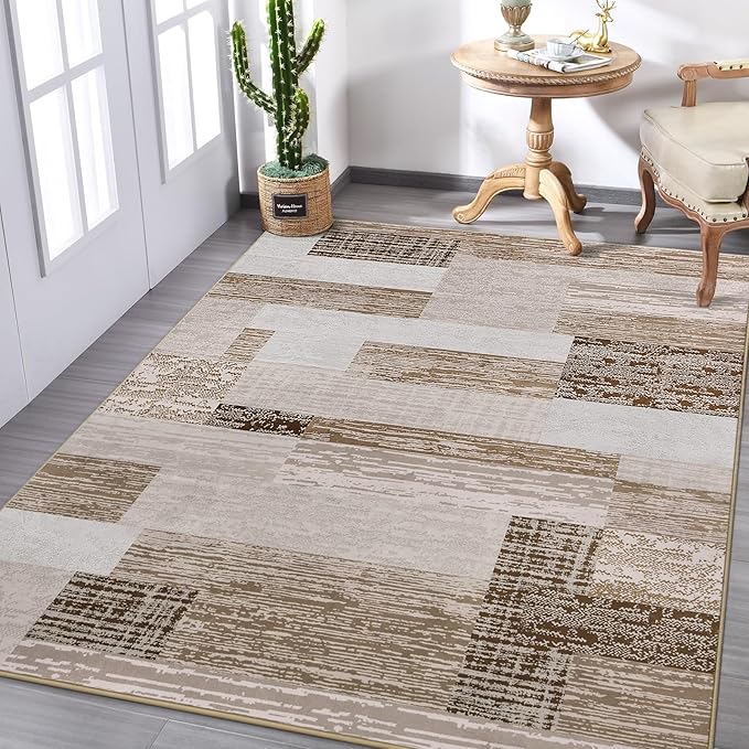 FlyDOIT Modern Geometric Patchwork Area Rug, 6x9 Beige Large Rugs for Living Room, Rockwood Collection Indoor Rugs for Bedroom, Throw Carpet Floor Decor for Entryway Dining Room Office Nursery