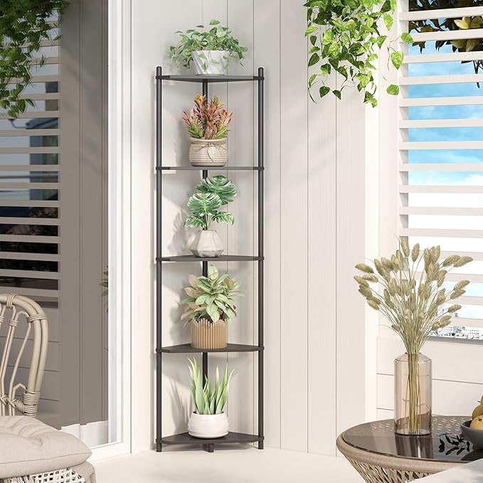 Wisuce Corner Shelf Stand - 5 Tier Black Bamboo Small Corner Bookshelf for Office Kitchen Bedroom Plant Stand Living Room Decor Small Space