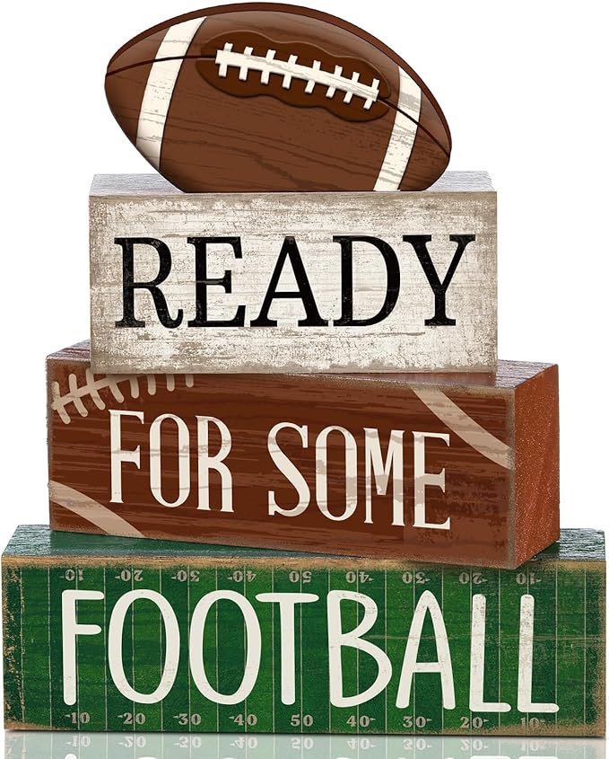 Yuntau 4 Pcs Football Fall Table Decoration Happy Football Wooden Block Sign Rugby Tiered Tray Decor Centerpiece Decorative Faux Book Stack for Holiday Tabletop Fireplace Shelf Desk Party Decor