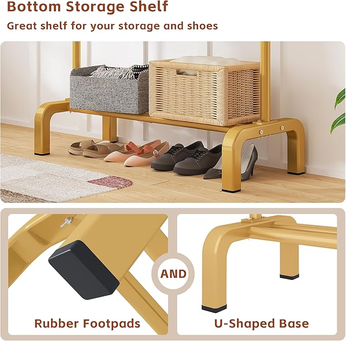 JIUYOTREE Standard Clothes Clothing Garment Rack with Storage Shelves Clothes Organizer for Hanging Clothes Coat Jacket Shirt Sweater Jeans Gold