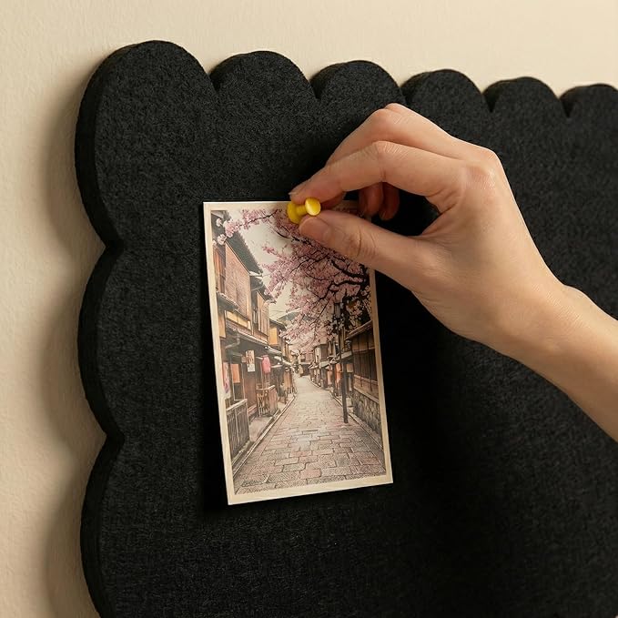 Scalloped Black Felt Bulletin Board 36x24 Inches - Self-Adhesive Foldable, with 30 Pushpins, Cork Board Alternative - Decorative Pin Board for Wall, Home, Office & School (Black, 36"x 24")