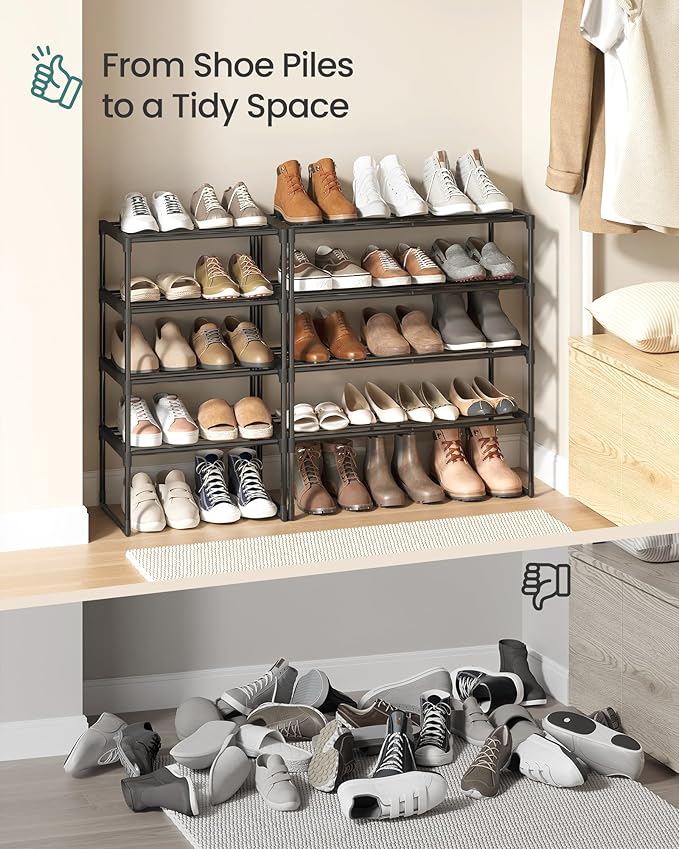 SONGMICS Shoe Rack, 4-Tier Shoe Organizer, Metal Storage Shelf, Upright or Upside Down, for 5-10 Pairs, Stackable, for Entryway, 11.8 x 16.7 x 28.2 Inches, Black ULSA004B01