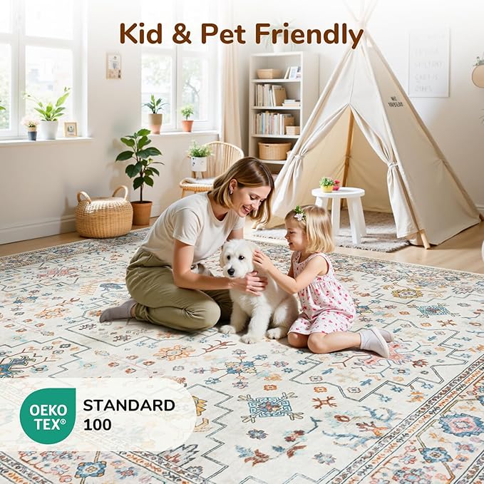Lessymo Area Rugs 8x10 for Living Room, Soft Non-Slip Washable Rug for Bedroom Dining Home Office Nursery Room, Vintage Floral Large Carpet, Boho Colorful Pastel Farmhouse Decor, Multi/Ivory