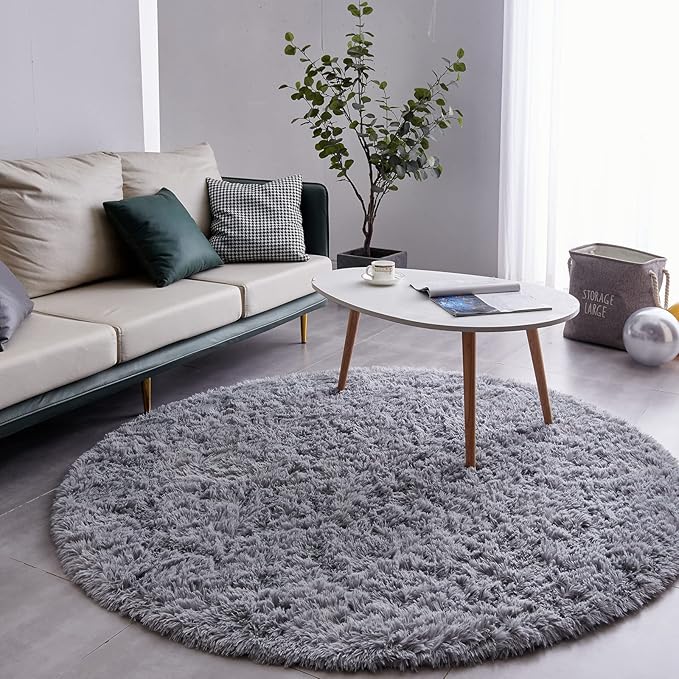 FJZFING Grey Round Rug Ultra-Soft Plush Modern 4x4 Circle Area Rug for Kid's Bedroom, Fluffy Shag Circular Rug for Nursery Room, Non-Slip Home Decor Cute Grey Carpet for Teen's Room