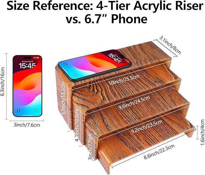ELEGANTLIFE Acrylic Display Risers Set of 4, 4-Level Tiered Display Stands for Cupcakes, Small Figures & Jewelry, Compact Countertop Display Shelf, Multiple Colors Available (Dark Wood Grain)