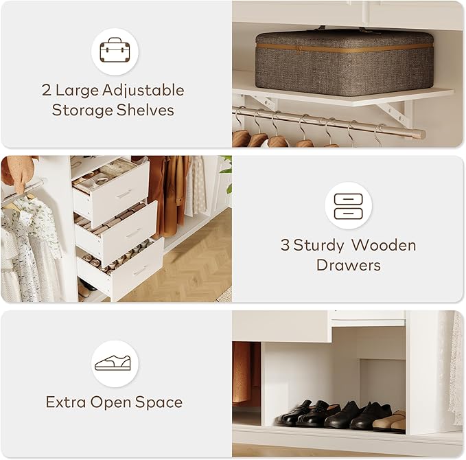 LINLUX 8FT Closet System 94'' Closet Organizer with 3 Drawers,4 Extendable Hanging Rods,Wood Closets Built In System Tower with Adjustable Shelves,Walk-in Closets Wardrobe Clothes Garment Rack(White)