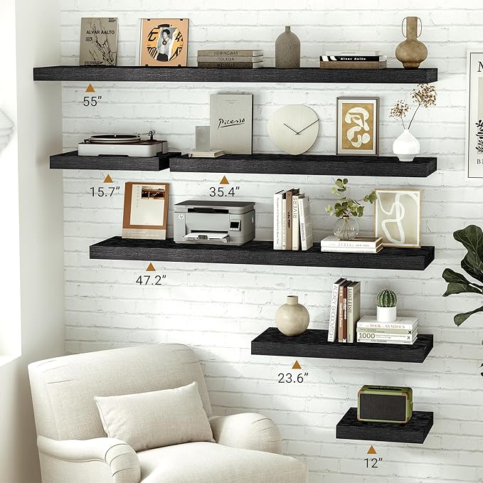 Vivelove Black Floating Shelves for Wall 12 Inches Wide, 12" Deep Wall Shelves for Bedroom, Bathroom, Living Room, Kitchen, Office, Home Decor Shelf with Invisible Brackets,12" X 12" X 1.5", Set of 2