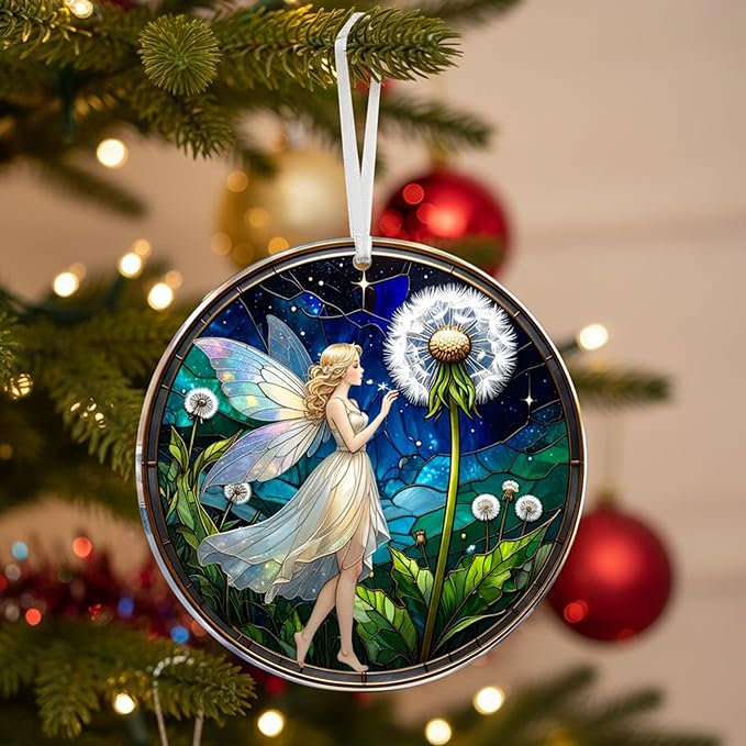 2025 Christmas Ornaments, Christmas Tree Ornaments Acrylic, Faux Stained Glass Effect White Elephant Gifts Exchange, Unique Suncatcher Xmas Stocking Stuffers for Women, Men (Fairy)