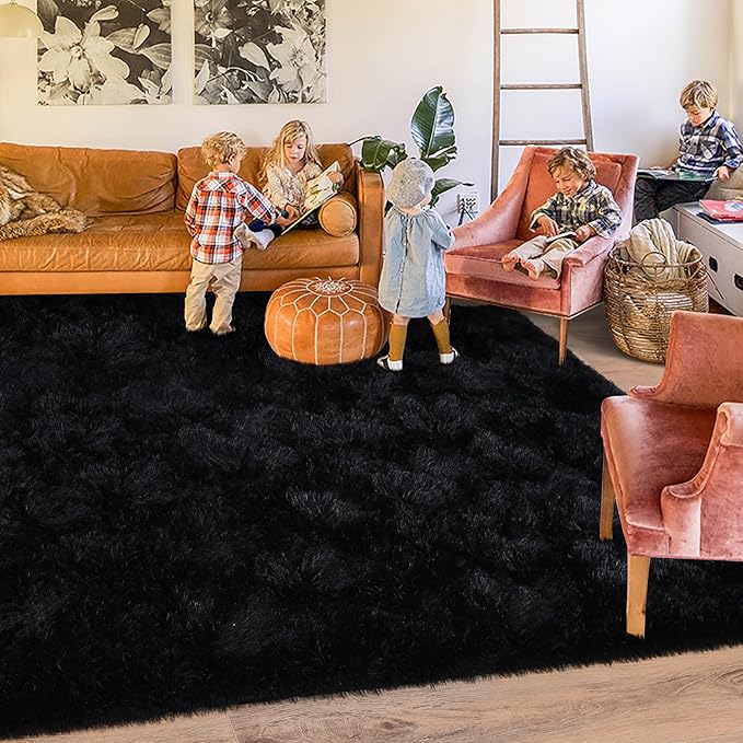 Black Rugs for Living Room 10x14, Soft Shaggy Modern Shag Area Rug for Bedroom, Upgrade Non-Slip Plush Fluffy Carpet for Kids Boys Girls Room Home Decor Aesthetic