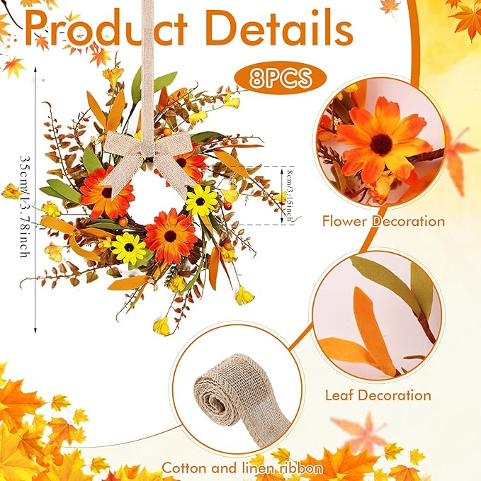 8 Pcs Mini Fall Autumn Swags Wreaths Thanksgiving Artificial Daisy Candle Rings Wreaths Autumn Cabinets Farmhouse Wreath with Ribbon for Pillar Front Door Porch Wall Window Decoration