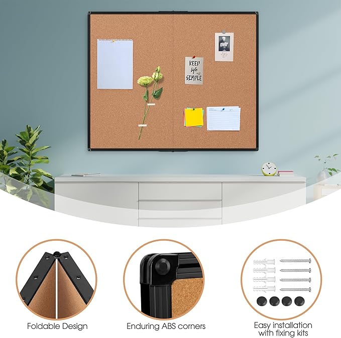 Extra Large Cork Bulletin Board 48" X 48", Foldable Notice Pin Board for Wall, Black Aluminum Framed 4'x4' Corkboard, Wall Mounted Noticeboard with 36 Push Pins for School, Home & Office