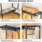 E15 Garment Rack L Shaped Clothes Rack for Corner，Freestanding Clothing Racks for Hanging Clothes，Heavy Duty Closet Organizer with 4 Hanging Rods & 8 S Hooks，43.4" W x 15.8" D x 78.4" H，Black
