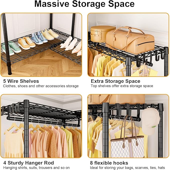 E15 Garment Rack L Shaped Clothes Rack for Corner，Freestanding Clothing Racks for Hanging Clothes，Heavy Duty Closet Organizer with 4 Hanging Rods & 8 S Hooks，43.4" W x 15.8" D x 78.4" H，Black