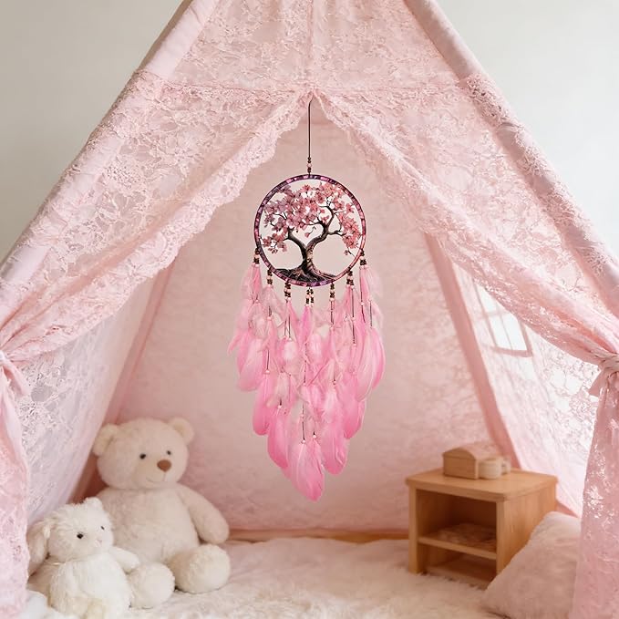 Dream Catcher Wall Hanging Decor for Bedroom Aesthetic, Handmade Traditional Wall Art with Feathers for Living Room, Nursery, Good Vibes Gift for Women,Girls,Home Decoration Wedding Party (Pink Tree)