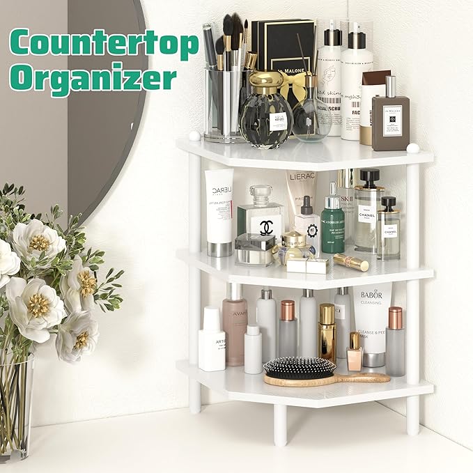 Desktop Corner Stand Shelf for Storage, 3 Tier Corner Shelf Organizer, White Shelves Rack for Small Spaces, Home Office, Kitchen, Bathroom