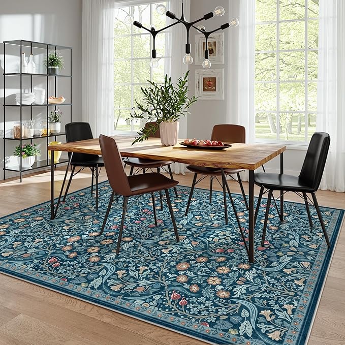 Moynesa Floral Washable 8x10 Rug, Large Area Rugs for Living Room, Soft 8 x 10 Boho Bedroom Rugs, Non Slip Botanical Ultra Thin Floor Carpet for Dining Room Nursery, Teal