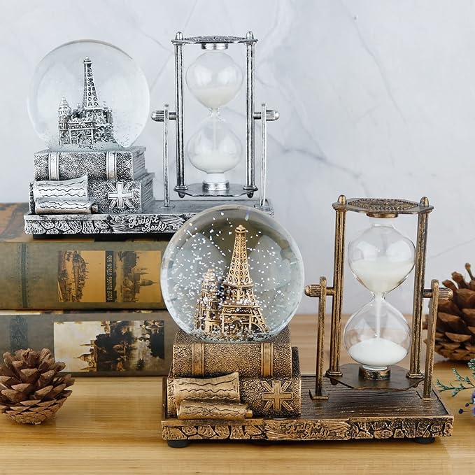 LED MusicCrystal Snow Globe， Sand Timer ，Hourglass,Home Decor,Table Decor for Living Room ，Office Desk Decorations[Brass Tower ]