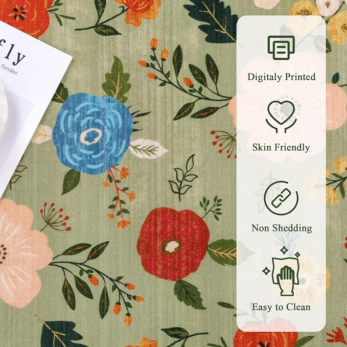 U'Artlines 5x7ft Vintage Floral Area Rug Machine Washable Ultra Soft Low Pile Non Slip Non Shedding Accent Floor Carpet for Living Room, Bedroom, Dining Room, Office (Green)
