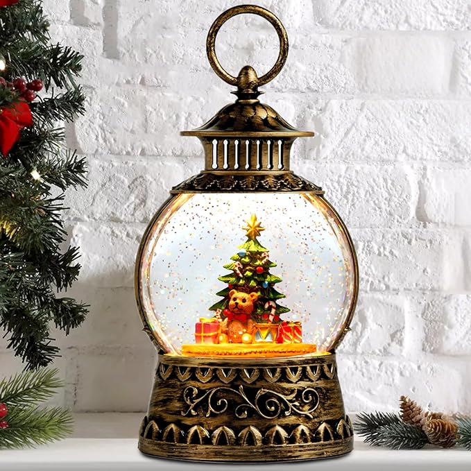 Christmas Snow Globe, Gift Bear Musical Snow Globe Lantern Lights with 6H Timer Battery & USB Powered, Retro Style Holiday Glitter Globe for Xmas Home Decoration Holiday Party Gifts