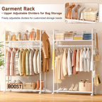 Portable Clothes Rack with Adjustable Shelf Divider, Freestanding Closet Organizers and Storage, Garment Rack and Purse Storage with 8 Hooks, Clothes Organizer on Wheels for Hanging Clothes, White