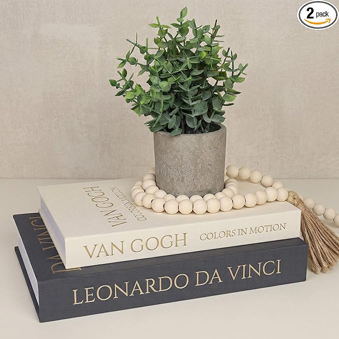 MAOBUYOU Decorative Storage Books Set of 2, Linen Cover, Gold Letters, Beige and Dark gray