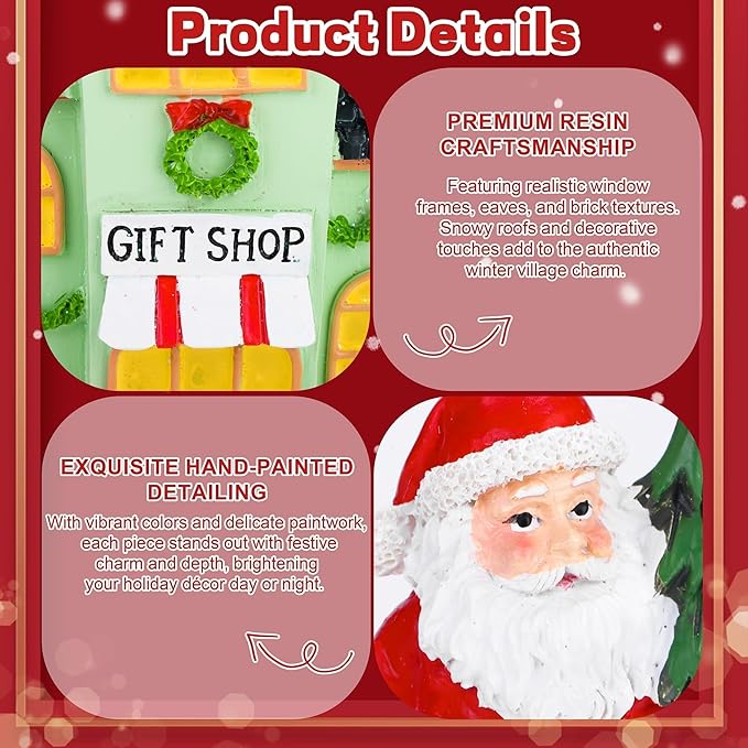 Aneco 19 Pieces Christmas Village Set Resin Christmas Houses with Santa Claus Snowman Figurines, LED Light Lamps, and Pine Trees, Xmas Town Scene Building Ornaments for Winter Home Desktop Decor Gift