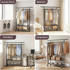 Double Rods Clothes Rack, Rolling Clothing Rack for Hanging Clothes Closet Rack with Wheels, Metal Portable Garment Rack with Double Shelves for Bedroom Laundry Living Room, Black