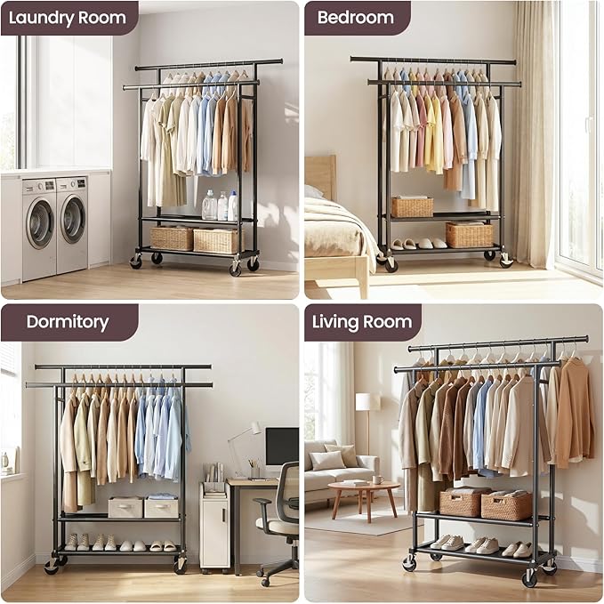 Double Rods Clothes Rack, Rolling Clothing Rack for Hanging Clothes Closet Rack with Wheels, Metal Portable Garment Rack with Double Shelves for Bedroom Laundry Living Room, Black