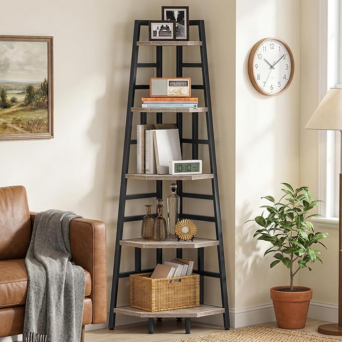 CHOEZON 70.1-Inch 5-Tier Tall Corner Shelf, Narrow Bookshelf for Small Spaces, Industrial Bookcase Display Stand for Living Room, Bedroom, Office, Greige TCJ25BG