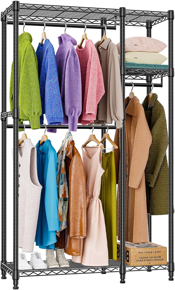 Heavy Duty Rolling Garment Rack 3 Tiers Adjustable Wire Shelving Clothes Rack with 3 Rods and Side Hooks,Storage Closet Clothing Rack Black 15.7" D x 43.3" W x 76.5" H