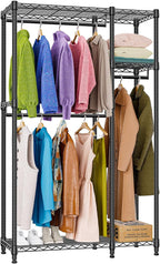 Heavy Duty Rolling Garment Rack 3 Tiers Adjustable Wire Shelving Clothes Rack with 3 Rods and Side Hooks,Storage Closet Clothing Rack Black 15.7" D x 43.3" W x 76.5" H
