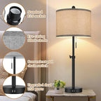 Kondras Table Lamps for Bedroom Set of 2, 23''-30'' Adjustable Height Bedside Lamps with 2 USB Ports, Black Nightstand Lamps with Grey Linen Shade, Modern Stylish Living Room Lamp Set with Pull Chain