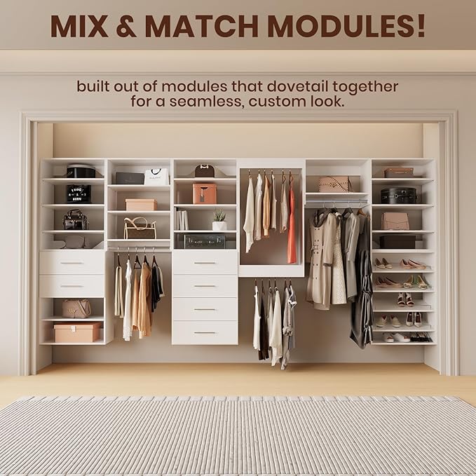 ROOMTEC Modular Closet System, 72" Wall Mounted Modern Closet Organizer with Hanging Rods and Shoe Shelf, Wooden Tower for Walk-In Closets, Wardrobe Storage Kit, White