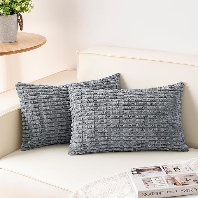 Aegero Pack of 2 Corduroy Decorative Throw Pillow Covers 12x24 Inch Soft Striped Pillow Covers Modern Farmhouse Home Decor for Sofa Living Room Couch Bed（Light Grey）