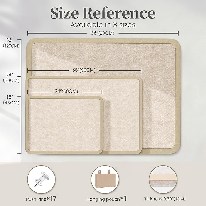 Bulletin Board, 36 x 24 inches Decorative Felt Board Foldable Photo Board Pin Boards, Cork Board Alternative for Walls, Office, Home, Classroom with Pushpins ＆ Small Storage Bag, Beige
