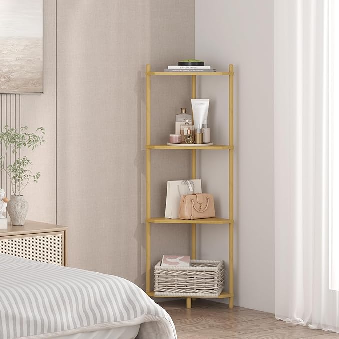 Wisuce Corner Shelf Stand - 4 Tier Bamboo Small Corner Bookshelf for Office Kitchen Bedroom Plant Stand Living Room Decor Small Space (Nature)