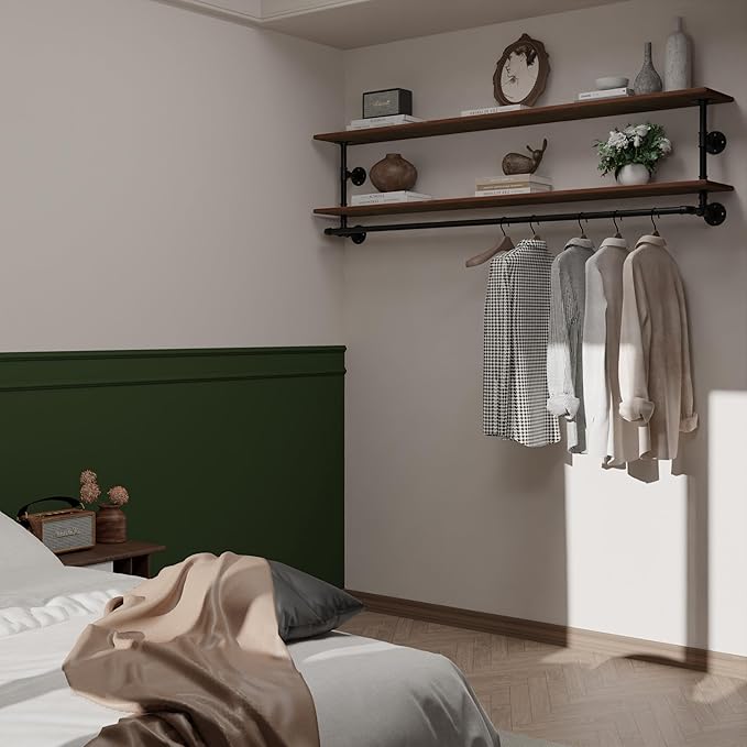 Clothes Rack 55in, 2-Tier Wall Mounted Garment Rack with Real Wood Shelf, Heavy Duty Hanging Clothes Rack, Multi-Purpose Hanging Rod, Space-Saving Closet Storage
