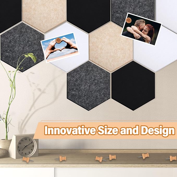 Mindsoft 16 Pcs Hexagon Cork Board for Walls with 50 Wooden Push Pins 6.7 x 5.9 in Felt DIY Tiles Notice with Nano Tape Hanging Bulletin Board for Home Photo Office Memo Note(Classic Colors)