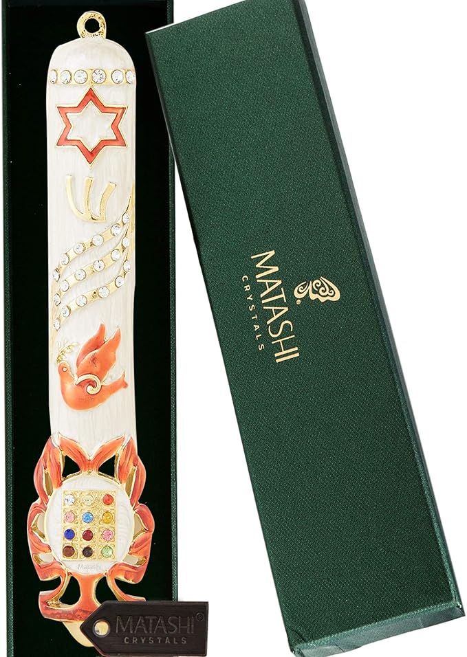 Matashi Hand Painted White Enamel Mezuzah Case Embellished with Star of David, Peace Dove, and Priestly Hoshen Breastplate with Crystals - Jewish Home Door Decor, Housewarming Judaica Gift