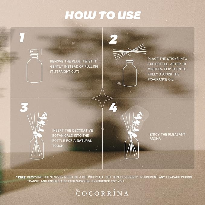 COCORRÍNA Light Cotton Reed Diffuser – 6.76 oz Essential Oil with 8 Reeds & Real Eucalyptus Sticks, Home Fragrance for Bedroom or Bathroom Décor