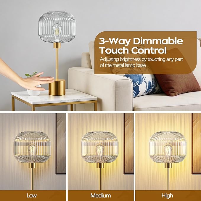 QiMH Glass Table Lamp for Living Room, Modern Bedside Lamp with Clear Ribbed Glass Shade, 3-Way Dimmable Touch Control Nightstand Lamp for Bedroom, Brushed Gold (2700K LED Bulb Included)