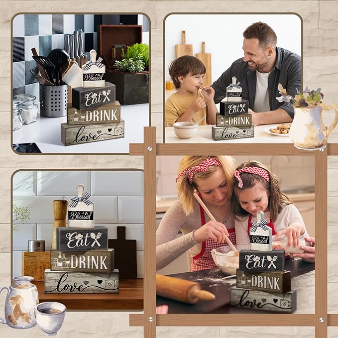 Moucuny 4 Pcs Farmhouse Kitchen Decor Wooden Plate Farmhouse Table Decor Black Brown and White Plate Tableware Centerpiece Rustic Decorative Plates Block Sign for Display Cabinet Kitchen Decoration