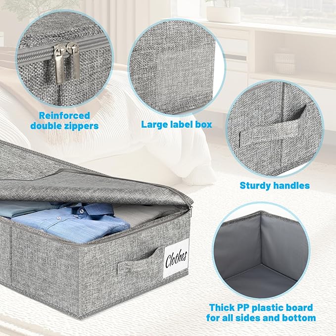Under Bed Storage Container Bin 4 Pack, 4.5 Inch Slim Low Profile Underbed Clothes Storage Organizer for Dorm & Home, Use for Blanket and Toy Storage Box W/ Sturdy Bottom/Sides, Foldable Thick Fabric