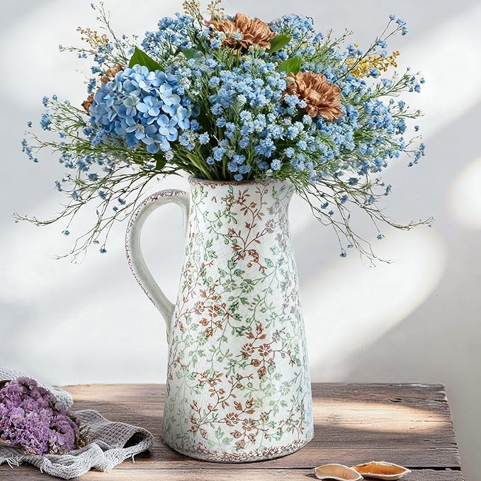 Enra Pitcher vase with Handle,12.2 in Ceramic Vintage Chinoiserie Floral Vase,Green and Beige Decorative Flower vase,Large Rustic Vases for Home Decors, Living Room, Bookshelf, Office