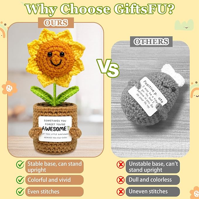 Positive Sunflower Graduation Gifts for Women Men Teens - Handmade Positive Crochet Animals, Stuffers for Mom Teacher Best Friend Bestie Sister, Cute Stocking Stuffers for Her Him