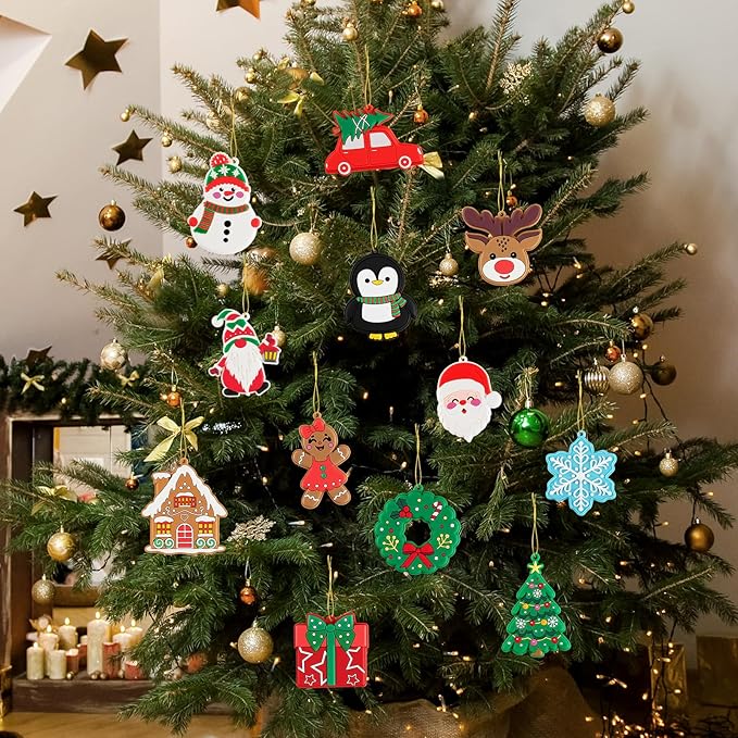 kockuu Christmas Ornaments for Tree Decorations, 24pcs Soft PVC Hanging Ornaments Snowflake Gingerbread House Snowman for Christmas Tree Gift Box, Winter Holiday Party, Home, Office Decor