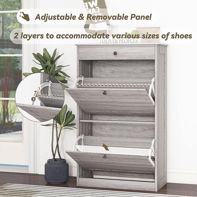 Shoe Storage Cabinet with 2 Flip Drawers, Narrow Freestanding Hidden Shoe Rack Cabinet, Pet-Proof Shoe Organizer for Closet, Entryway, Hallway, Wash Grey