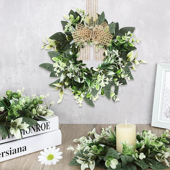 4 PCS Small Eucalyptus Leaves Cabinet Wreath Artificial Mini Spring Summer Greenery Kitchen Wreaths Vintage Swags Wreath with Retro Burlap Ribbon for Farmhouse Rustic Home Door Wedding Wall Decor